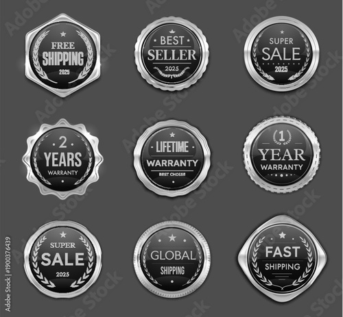 Sale, shipping or warranty silver badges, labels and award seals vector laurel wreaths. Silver badges for product quality guarantee sticker, free delivery on global shipping and bestseller best choice