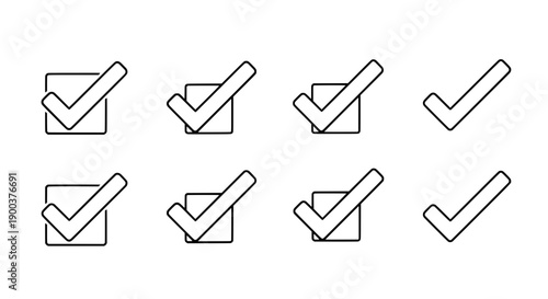 Eight check mark icons in black outlines on white, suitable for presentations, infographics, and tasks lists. Ideal for business and educational materials.