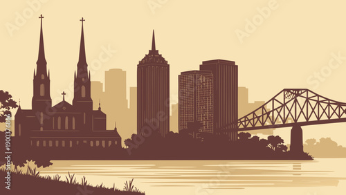 Skyline of new orleans evokes montreals bridged horizon. Perfect for travel brochures, city comparisons, and urbanthemed designs.