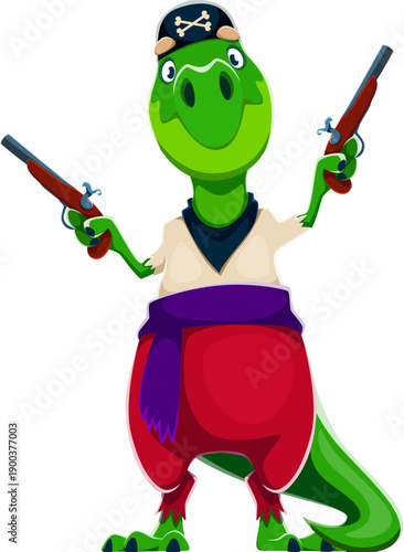 Crocodile animal pirate vector cartoon character or corsair in pirate costume. Crocodile pirate in black hat with crossbones, sash and baggy trousers with two pistols as Caribbean sailor corsair