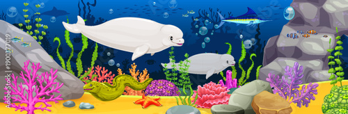 Cartoon sea animals and fish. Vibrant underwater vector scene with cartoon sea lions, fish, an eel, starfish, seaweed, and colorful corals. Playful seascape for kid games, and children's books