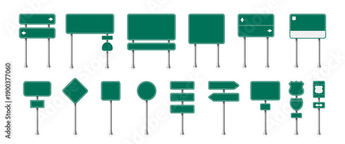 Street road green traffic signs and empty highway signboards in different forms such as square, diamond and shield. Vector road signs mockups for location and destination guide