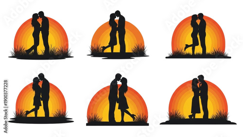 Silhouette couple kissing at sunset, romantic illustration set