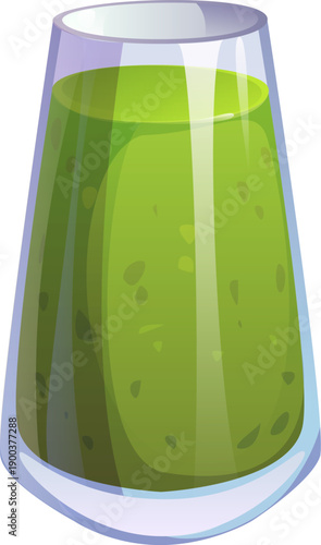 Cartoon juicy and healthy smoothie drink beverage. Tall transparent glass filled with green smoothie and dark seeds, isolated on white. Vector fresh beverage with avocado, spinach, celery and kiwi