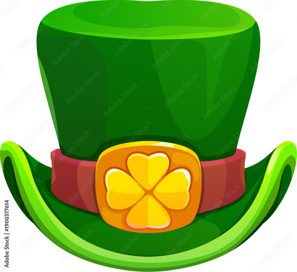Fototapeta premium Cartoon green leprechaun top hat with curved brim, leather belt and golden buckle featuring a four leaf clover. Vector festive accessory, symbol of Irish culture, luck and St Patrick Day celebration