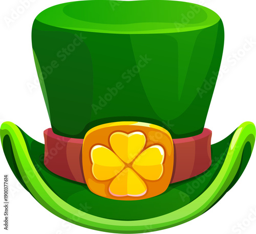 Cartoon green leprechaun top hat with curved brim, leather belt and golden buckle featuring a four leaf clover. Vector festive accessory, symbol of Irish culture, luck and St Patrick Day celebration