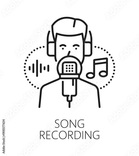 Song and sound recording line icon or label. Sound design mastering thin line icon, music production vector sign. Song and voice recording studio symbol with man performer singing in studio