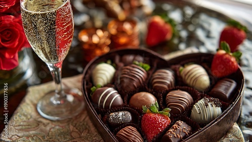 Romantic chocolate covered strawberries in heart shaped box with champagne