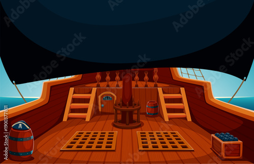 Wooden pirate ship deck interior with barrels, steering wheel, crates of cannonballs, stairs and a central mast under a large black sail. cartoon vector wooden corsair boat adventurous game background