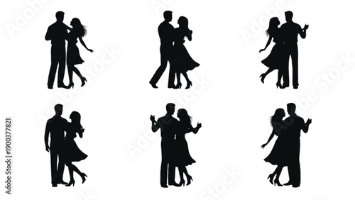 Collection of diverse dancing couple silhouettes showcasing various graceful poses and romantic partner movements in elegant vector illustrations