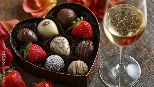 Romantic chocolate covered strawberries in heart box with wine