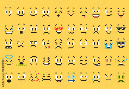 8bit pixel art emoticons, vector emoji icons and cartoon character expression faces. 8 bit pixel emoticons with happy, sad, angry, surprised and crying expression of joy or sadness, anger and laughter