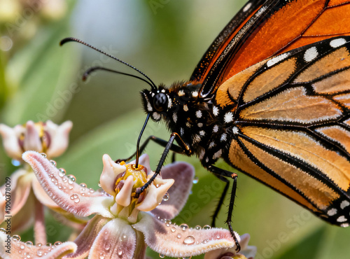 a butterfly intimately interacting with milkweed