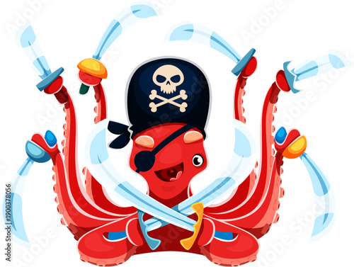 Cute octopus animal pirate character with red body, black tricorn hat and eye patch, cartoon vector. Octopus corsair holds multiple sharp sabers in its long tentacles as sea animal Caribbean pirate
