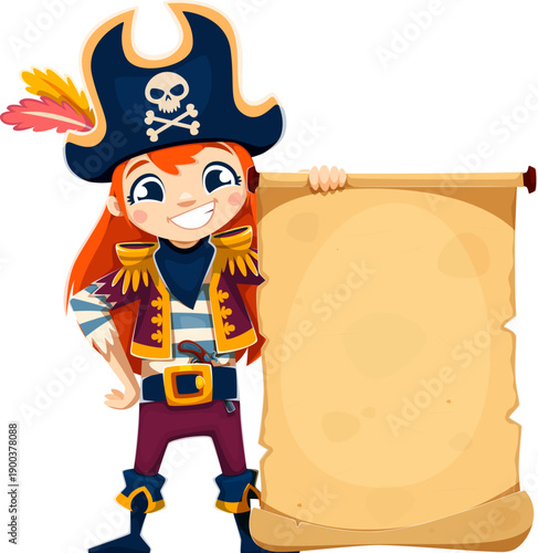 Funny kid girl pirate character holds old manuscript. Cute vector corsair girl personage in pirate uniform with golden shoulder pads and a feathered tricorn hat with skull. Funny pirate party kid