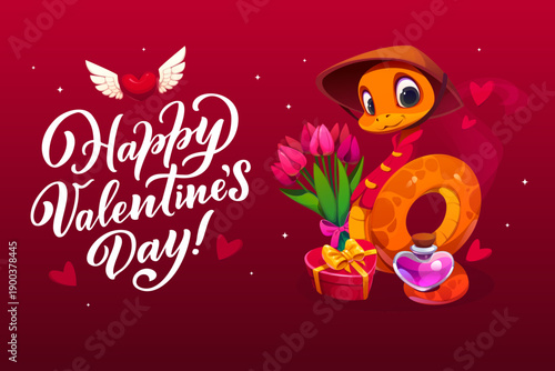 Happy Valentine day greeting card with cute cartoon snake wearing a conical Chinese hat, surrounded by gifts, tulips and a heart potion bottle on a red background with floating hearts and sparkles
