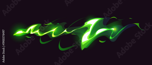 Cartoon green glowing game magic power wave, wizard glow vfx light effect. Sorcerer magical attack stream, fantasy spell energy. Vector abstract smoke flow with neon sparkle, dust trail and glow