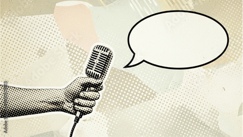 Vintage Hand Holding Microphone with Empty Speech Balloon in Pop Art Halftone Style