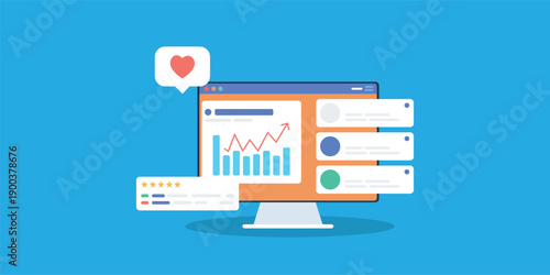 Social Media Analytics Dashboard with Engagement Growth, Likes, Reviews and User Feedback, Flat Vector Illustration