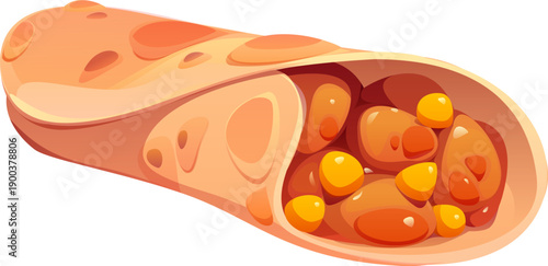 Cartoon fast food or takeaway isolated vector burrito wrapped in soft tortilla with orange beans and yellow corn kernels. Mexican cuisine meals and Tex Mex fast food sandwich burrito wrap for menu