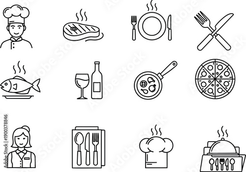 Adobe Illustrator ArtworkCollection of charming black and white minimalist line art icons representing various restaurant service elements and culinary activities for interface design applications.