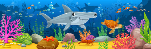 Cartoon hammerhead shark animal and underwater landscape. Vibrant vector seascape with turtle, starfish, seaweed, corals, and tropical fish for game backgrounds and marine kids party