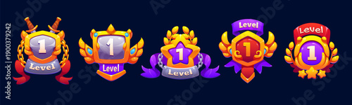 Game level up rank badge icons asset, shields with golden laurel wreaths, medieval ribbons, glowing wings and shining stars. Cartoon vector emblems with gems for mobile game, competition progress