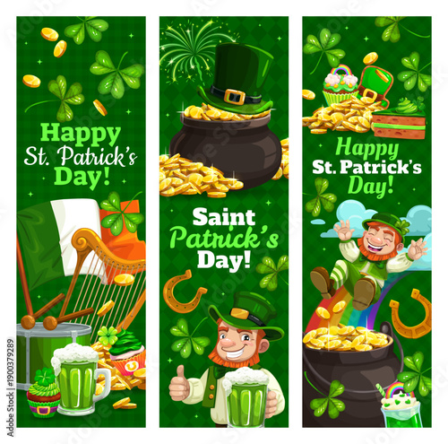 St patrick's day holiday vertical banners. Irish festival vector banner, Saint Patrick celebration flyer or poster with funny leprechauns, fireworks, cauldron gold and shamrock clover, ale and sweets