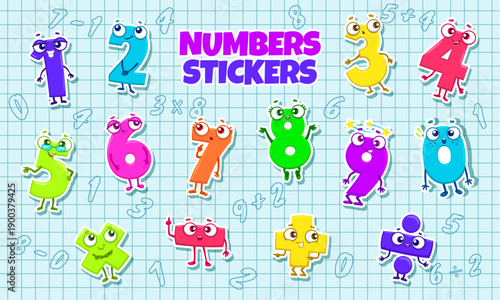 Cartoon math number character stickers of numerals and mathematical symbols, vector pack. Kid education math number stickers of plus or minus signs, multiplication and division mathematics equations