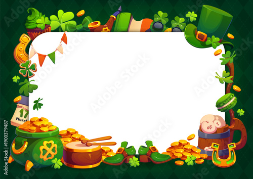 St Patrick day holiday greeting card template with frame of shamrock clovers, vector background. Saint Patrick Irish holiday blank template with leprechaun hat, green ale beer mug and Ireland flag
