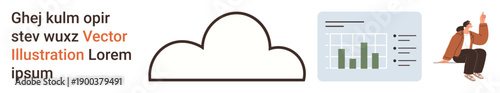 Data management, cloud storage, analytics visualization, remote work, digital tools, technology solutions. A simple cloud icon, a bar chart and a seated person working. Cloud storage and analytics