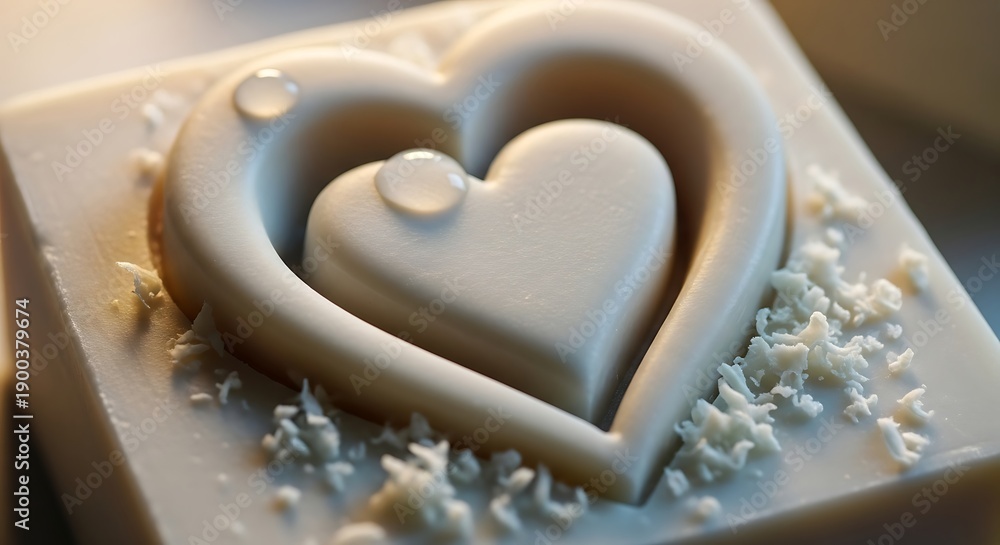 Fototapeta premium A white heart-shaped soap on a square base surrounded by shredded coconut and water droplets, captured from a close-up viewpoint.