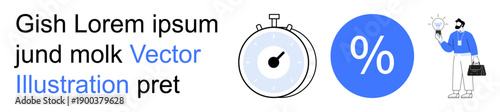 Time management, financial planning, productivity, creativity, innovation, decision-making. A stopwatch, percentage icon and person with a lightbulb. Time management and financial planning