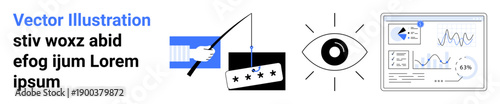 Data privacy, online security, analytics, digital trust, information protection, identity verification. A hand holds a card, an eye oversight and an interface displays data. Data privacy and online
