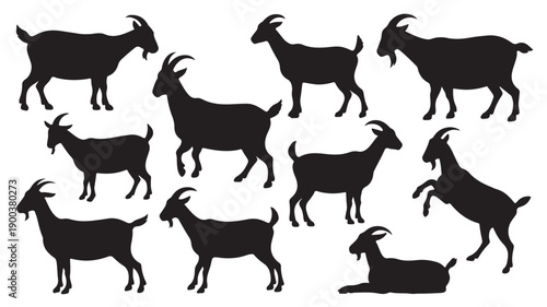 A diverse collection of black and white goat silhouettes, showcasing various poses and profiles of these common farm animals, ideal for design projects and educational resources