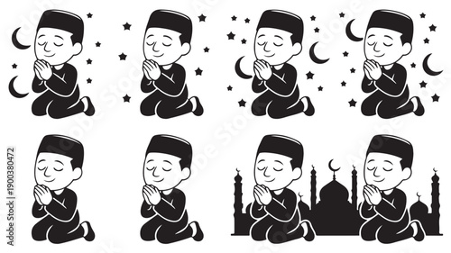 Black and white illustration of a Muslim man praying with crescent moon and mosque in the background
