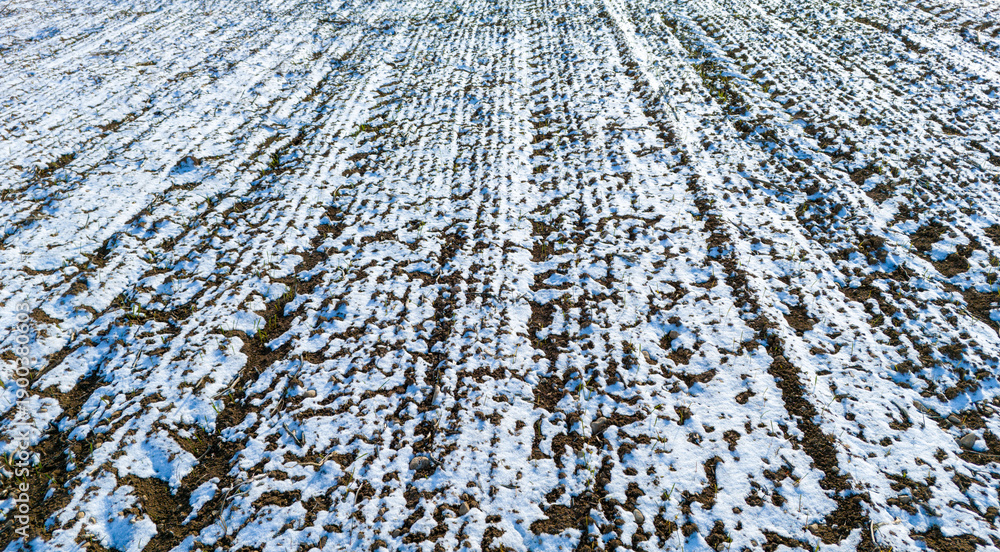 Fototapeta premium High angle aerial shot of a vast snowy field with repetitive lines of soil showing through in a winter environment