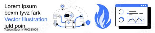 Artificial intelligence, cybersecurity, data analysis, automation, fire safety, futuristic technology. Robot interacting with analytics and fire icon. Artificial intelligence and cybersecurity