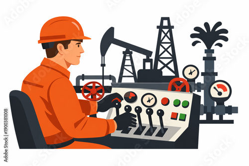 Oil rig operator in safety gear controls pumpjack from console with gauges and levers
