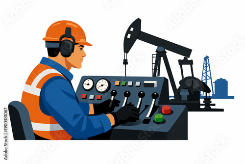 Oil rig operator in safety gear controls pumpjack from console with gauges and levers