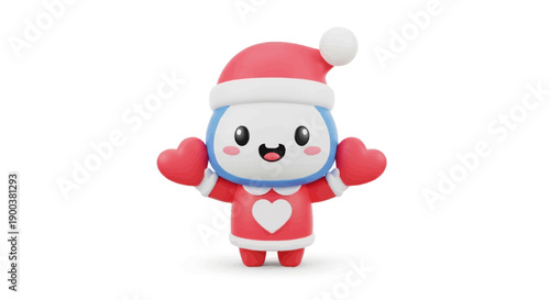 A cute cartoon mascot in a red Santa hat and outfit with a heart on the chest holds red heart-shaped balloons on a clean white background, conveying happiness and love.