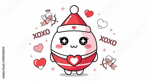 A cute kawaii mascot in a red Santa hat holding a heart, surrounded by hearts, XOXO, and cupids on a white background, conveying happiness and love in a playful Valentine's Day design