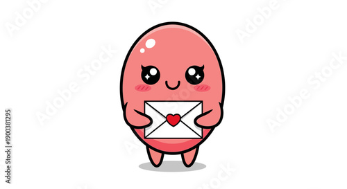 A cute pink mascot valentine character holding a sealed love letter with a heart on it, conveying happiness and romance in a playful, kawaii illustration design on a white background.