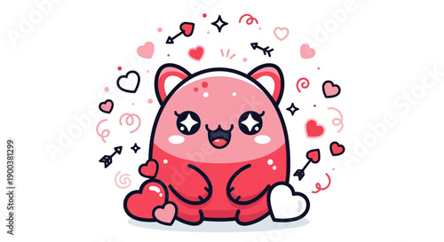 A cute kawaii-style mascot with a pink and red gradient, surrounded by hearts and love symbols, conveying happiness and romance on a white background with a joyful mood.