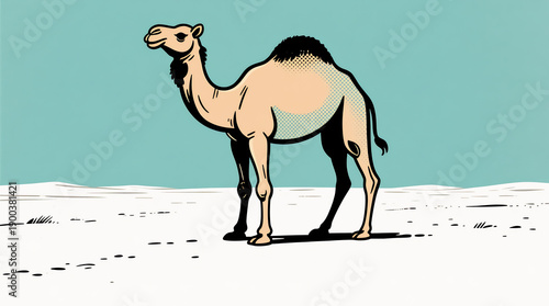 Cartoon camel in desert, stylized illustration, dromedary, single humped, pop art style, turquoise sky, minimalist background.