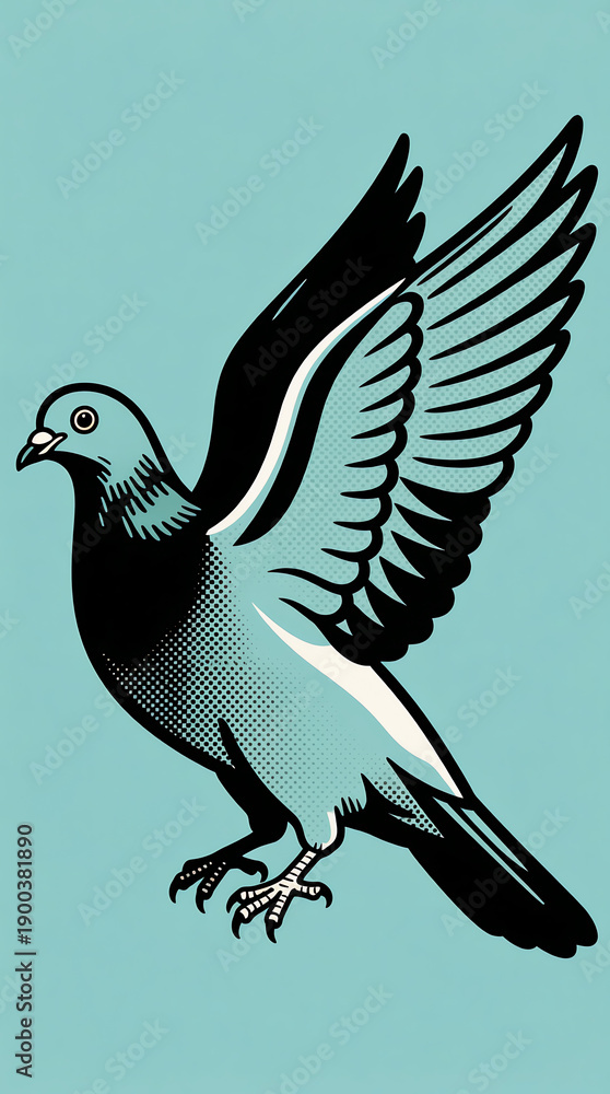 Fototapeta premium Graphic illustration of pigeon in flight, halftone shading, teal background, retro comic style, urban bird, vector art.