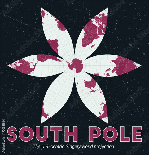 South Pole. World map. The U.S.-centric Gingery world projection centered to South Pole. Pale Mint Dark Pink palette. Vintage texture. Awesome vector illustration.
