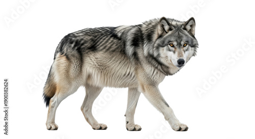 Magnificent gray wolf full body, mid-stride, turning to meet the camera with an intense gaze. Photorealistic studio portrait against a transparent background with copy space. Concept of wild elegance