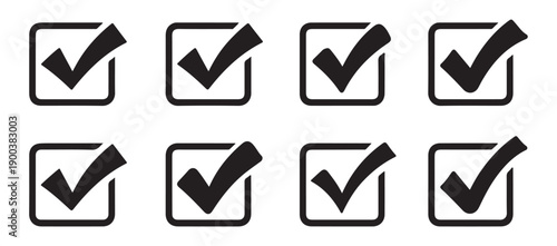 Set of eight vector check mark icons in a square box isolated on a white background