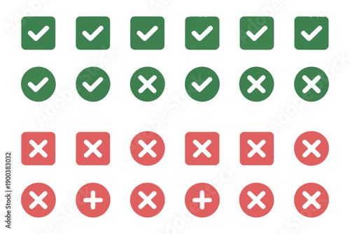Set of vector check mark and cross icons in various styles, green and red symbols